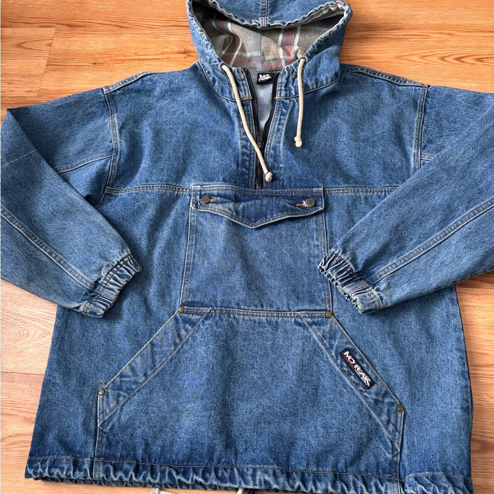 Vintage 90s No Fear Denim Pullover Hooded Jacket Sz SM Plaid Lined Blue Y2K